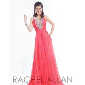 Rachel Allan Crystal Embellished Ruched Maxi Evening Gown Dress Size 2 Coral